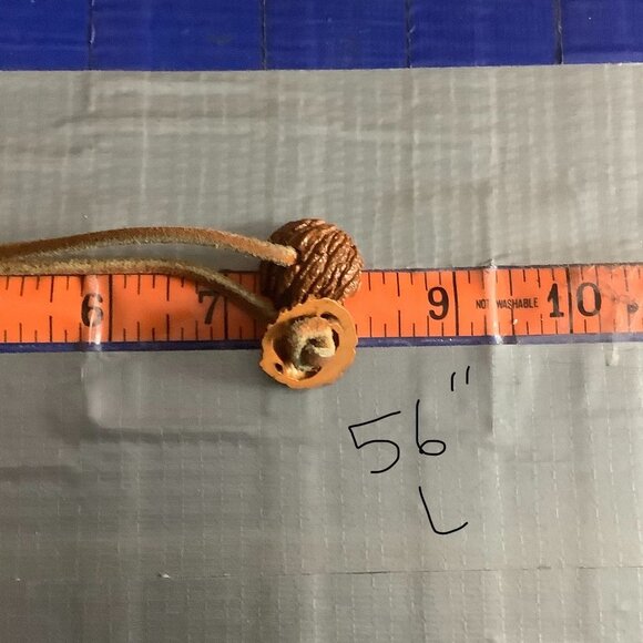 Vtg Boho Carved Walnut Shell Leather Belt Cord Handmade Folk Art 56\
